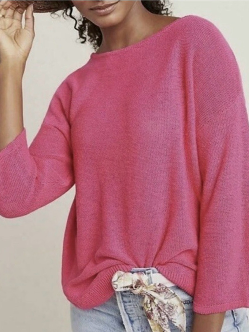 NWT Anthropologie Mayfield Knit Linen Blend Sweater in Hot Pink - Picture 5 of 6
